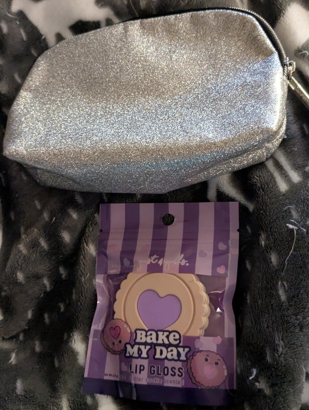Lancome Glitter Silver Makeup Pouch And'Bake My Day' Lip Gloss